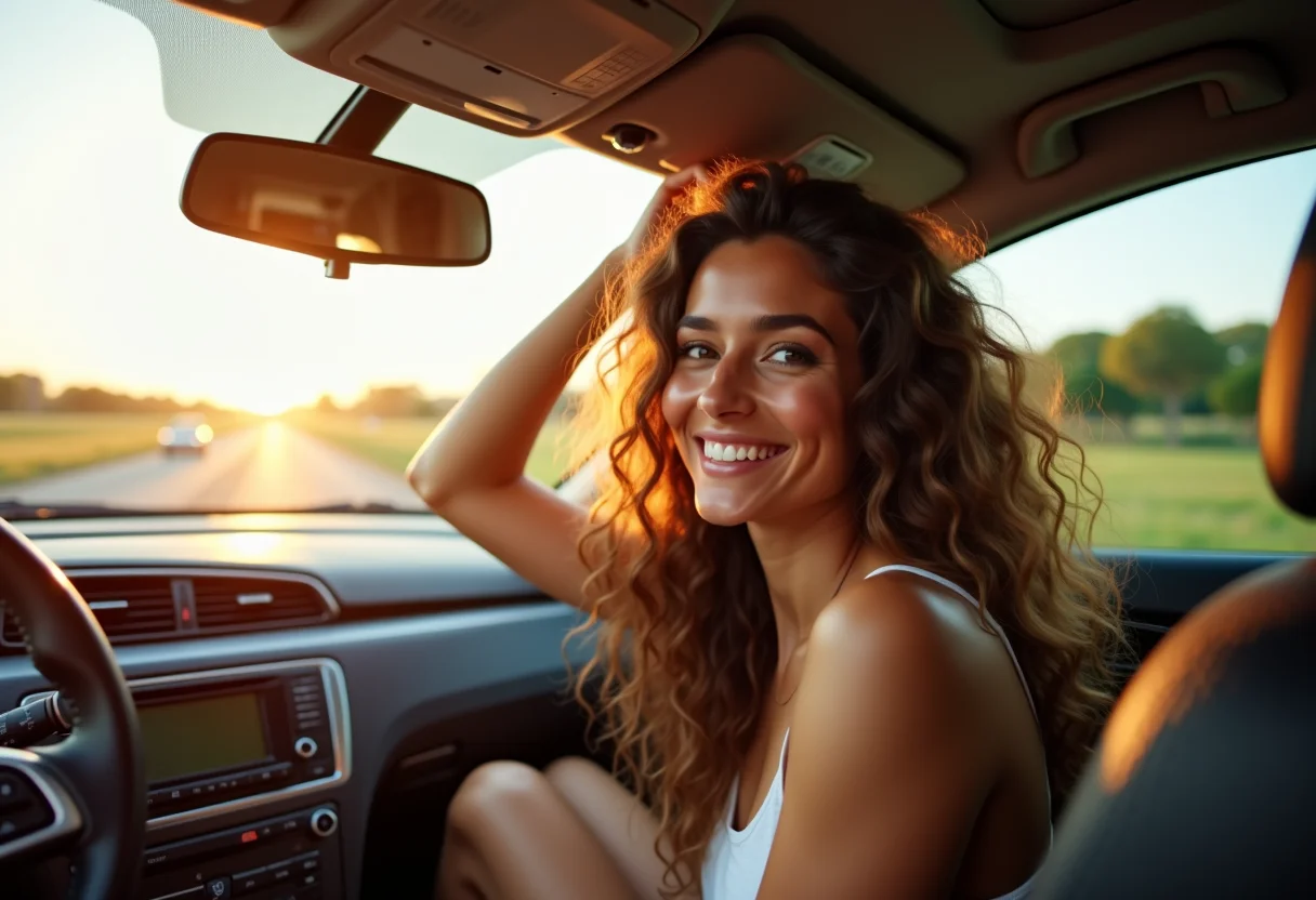 Mulher sorrindo no carro, conferindo o cabelo no espelho retrovisor