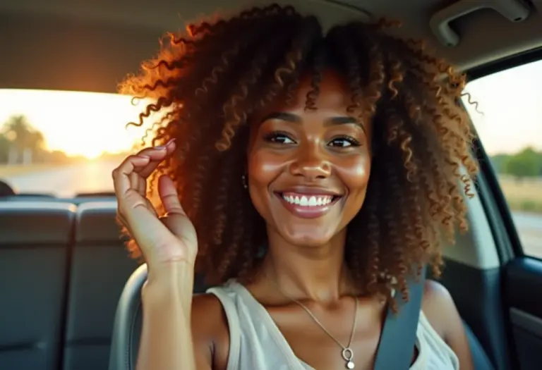 Mulher sorrindo no carro conferindo seus cachos