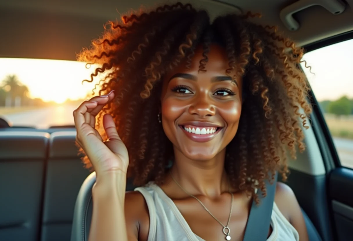 Mulher sorrindo no carro conferindo seus cachos