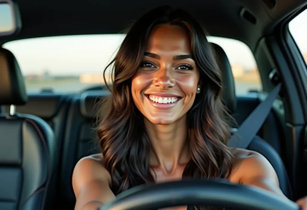 Mulher sorrindo no carro conferindo seus cílios no espelho retrovisor