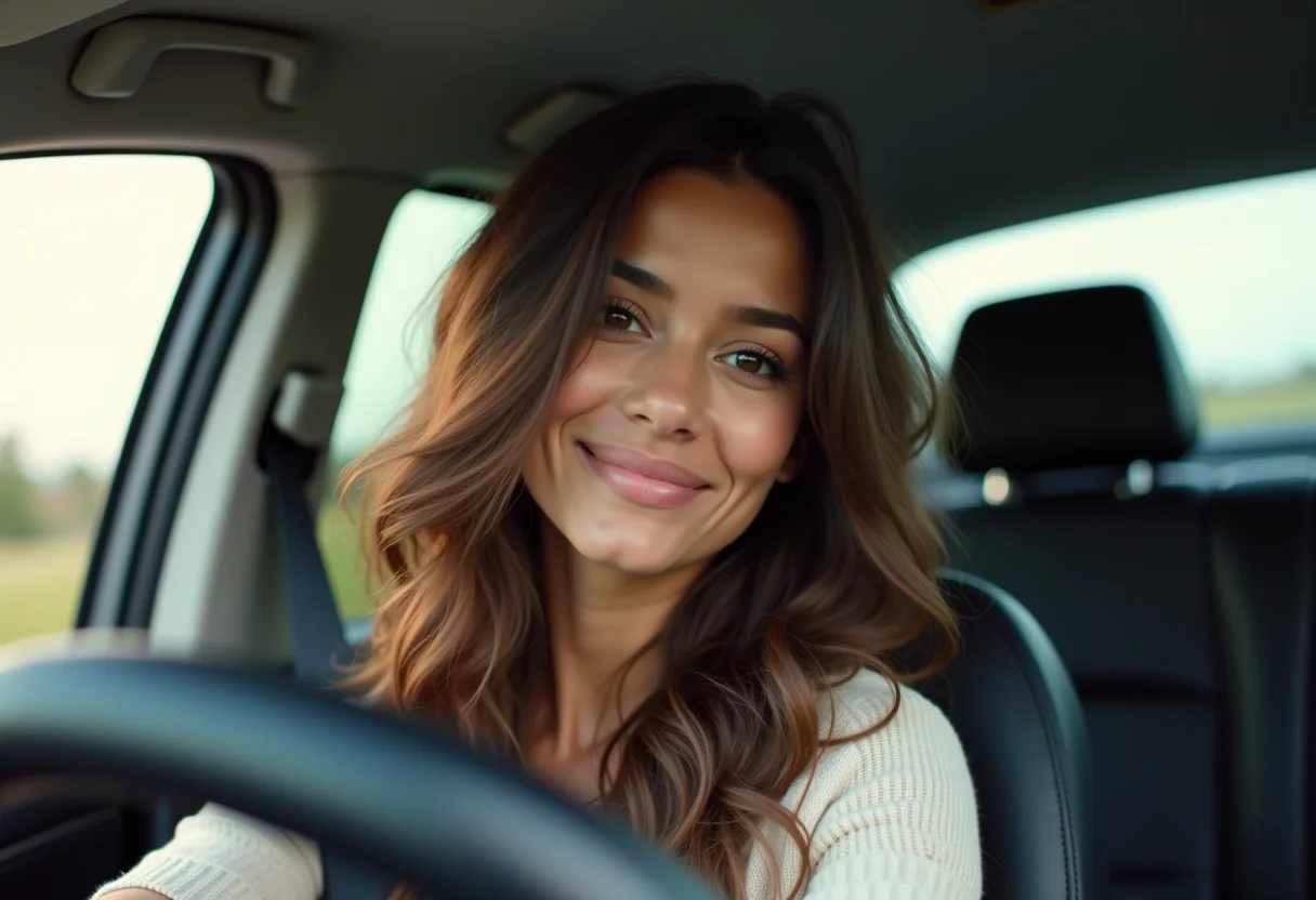 Mulher sorrindo no carro, cuidando do cabelo após a escova
