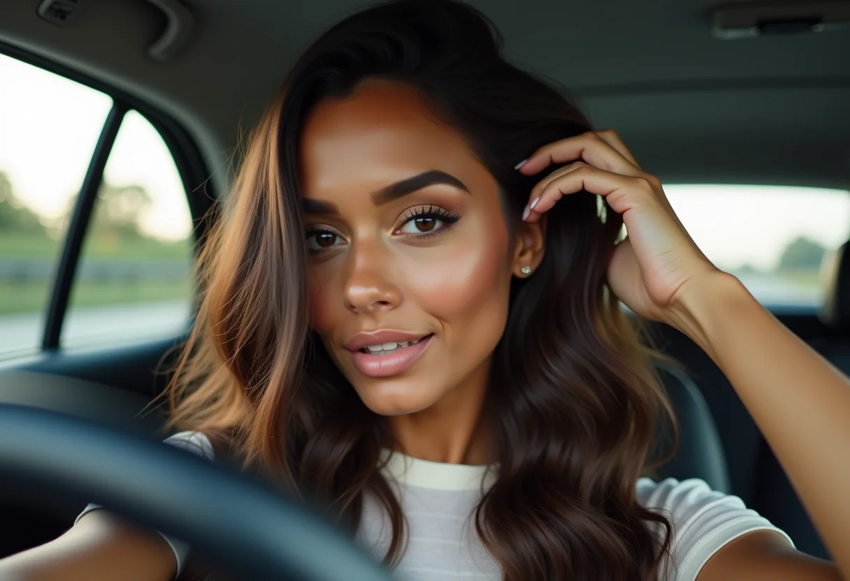 Mulher sorrindo no carro, exibindo cabelo brilhoso após usar Elseve Glycolic Gloss