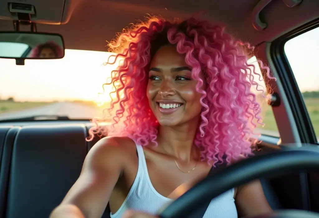 Cabelos vibrantes por mais tempo: O guia definitivo da rotina capilar para coloridas Mulher sorrindo no carro, exibindo cabelo rosa vibrante