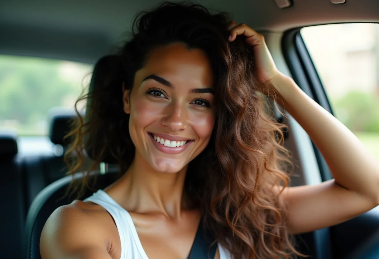 Mulher sorrindo no carro exibindo o cabelo brilhante após hidratação