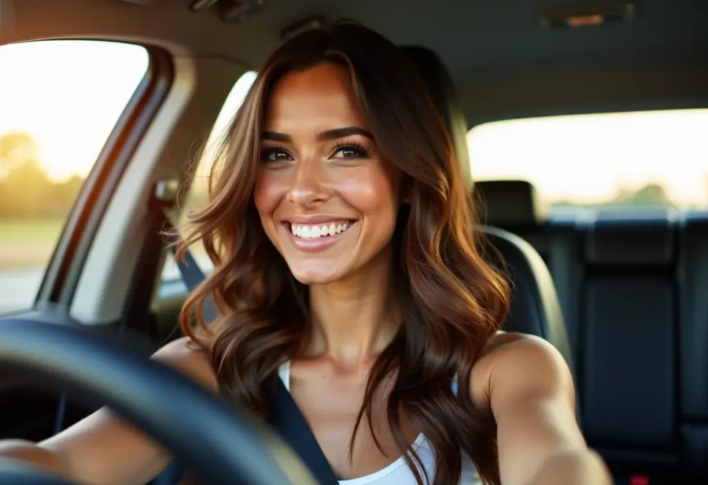 Mulher sorrindo no carro, verificando o brilho do cabelo com óleo de amêndoas
