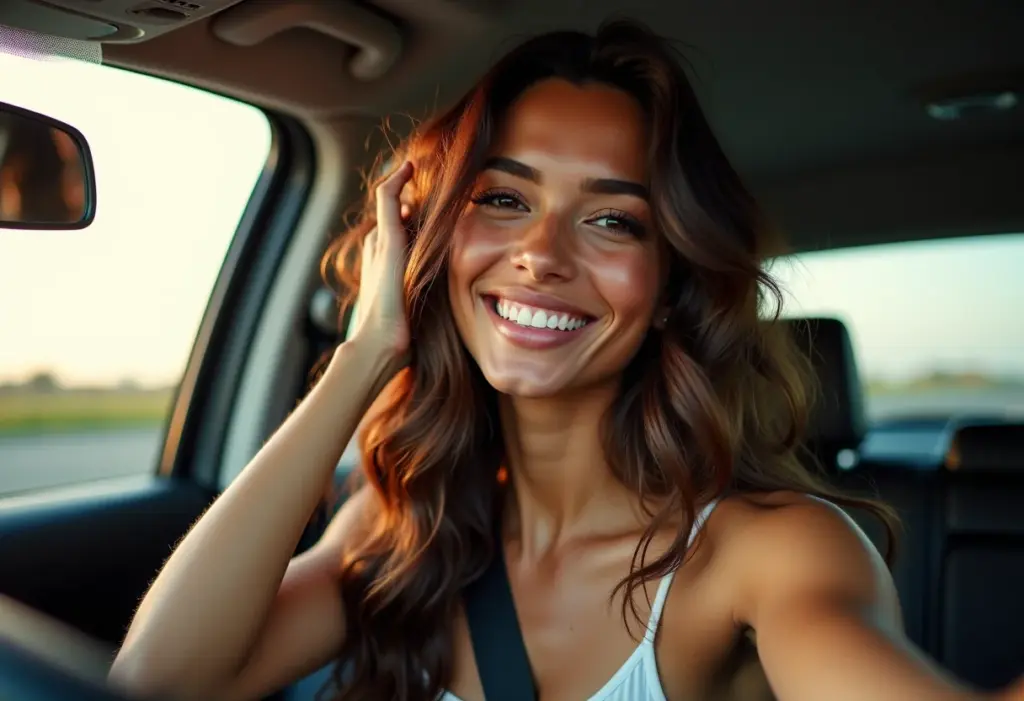Mulher sorrindo no carro verificando o cabelo