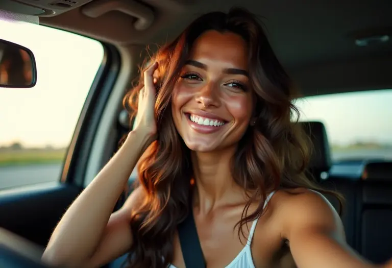Mulher sorrindo no carro verificando o cabelo
