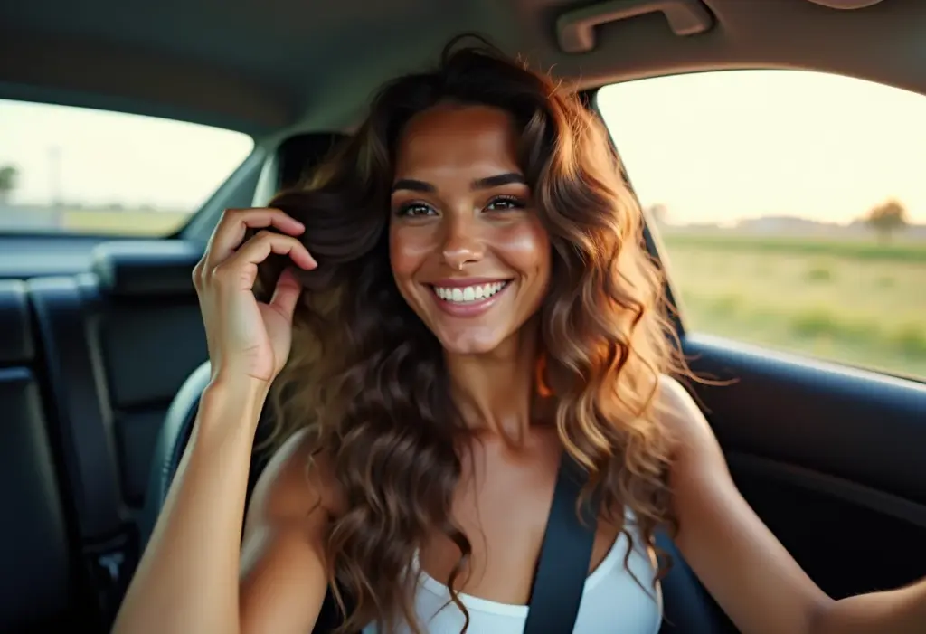 Mulher sorrindo no carro verificando o cabelo