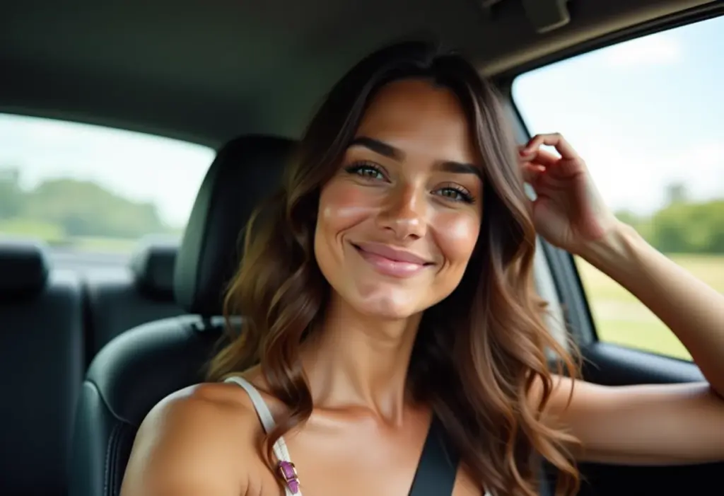 Cabelos Impecáveis, Sem Drama: Guia Completo Para Proteger Seus Fios Do Secador Mulher sorrindo no carro verificando o cabelo