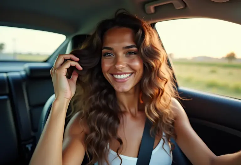Mulher sorrindo no carro verificando o cabelo
