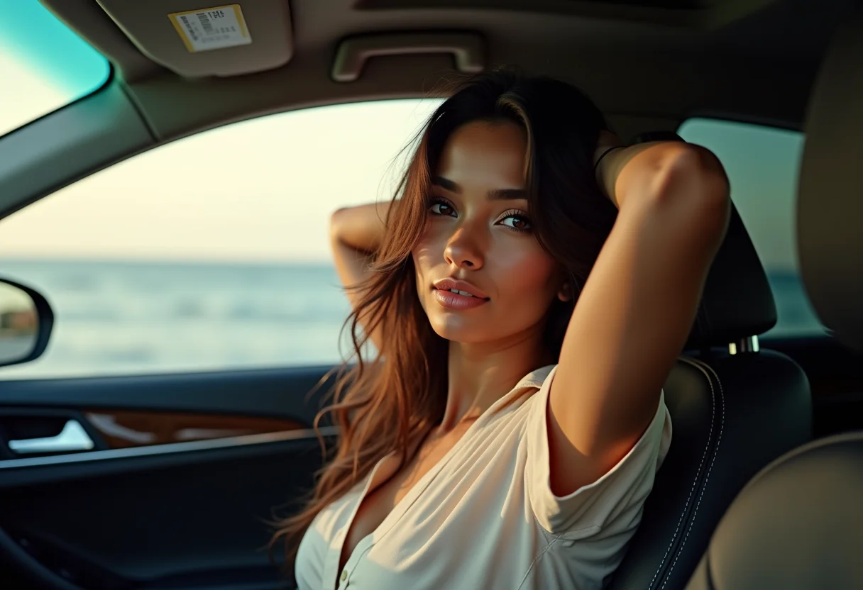 Mulher sorrindo no carro verificando o cabelo com brilho