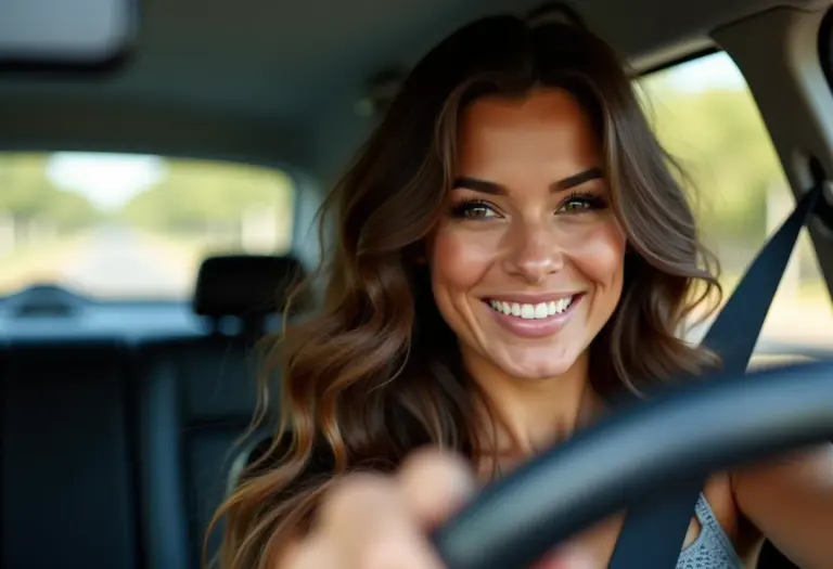 Mulher sorrindo no carro verificando o cabelo no espelho retrovisor