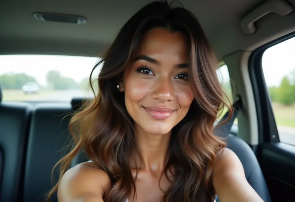 Mulher sorrindo no carro verificando o cabelo no espelho retrovisor