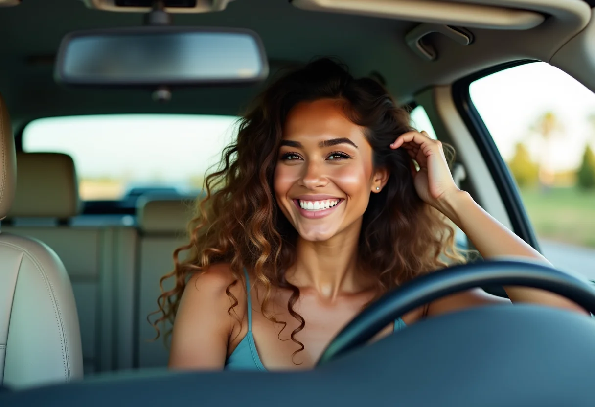 Mulher sorrindo no carro, verificando o cabelo no espelho retrovisor.