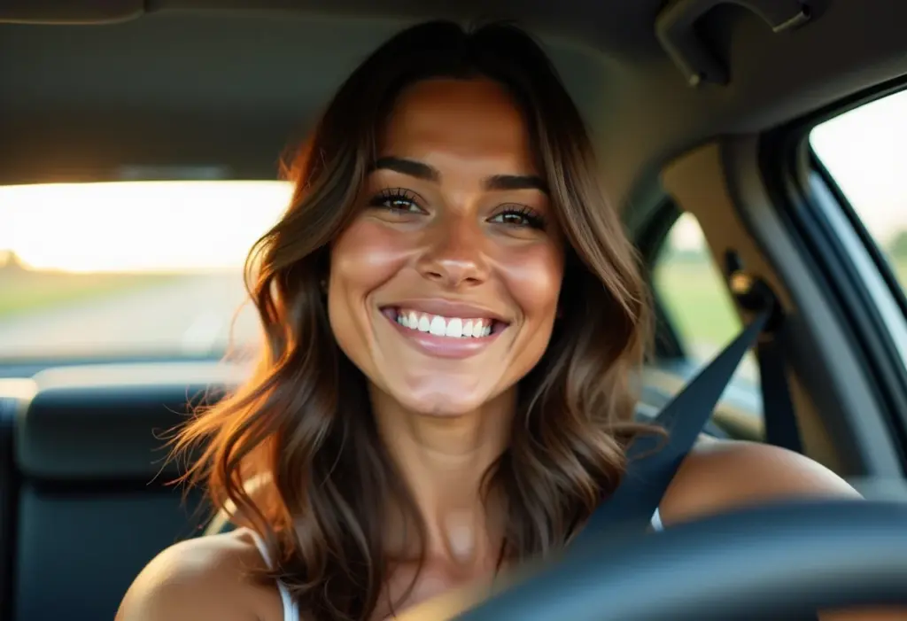 Shampoo bomba caseiro: A receita caseira que promete (e cumpre!) o crescimento turbinado Mulher sorrindo no carro, verificando o cabelo no espelho retrovisor