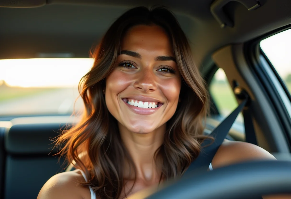 Mulher sorrindo no carro, verificando o cabelo no espelho retrovisor