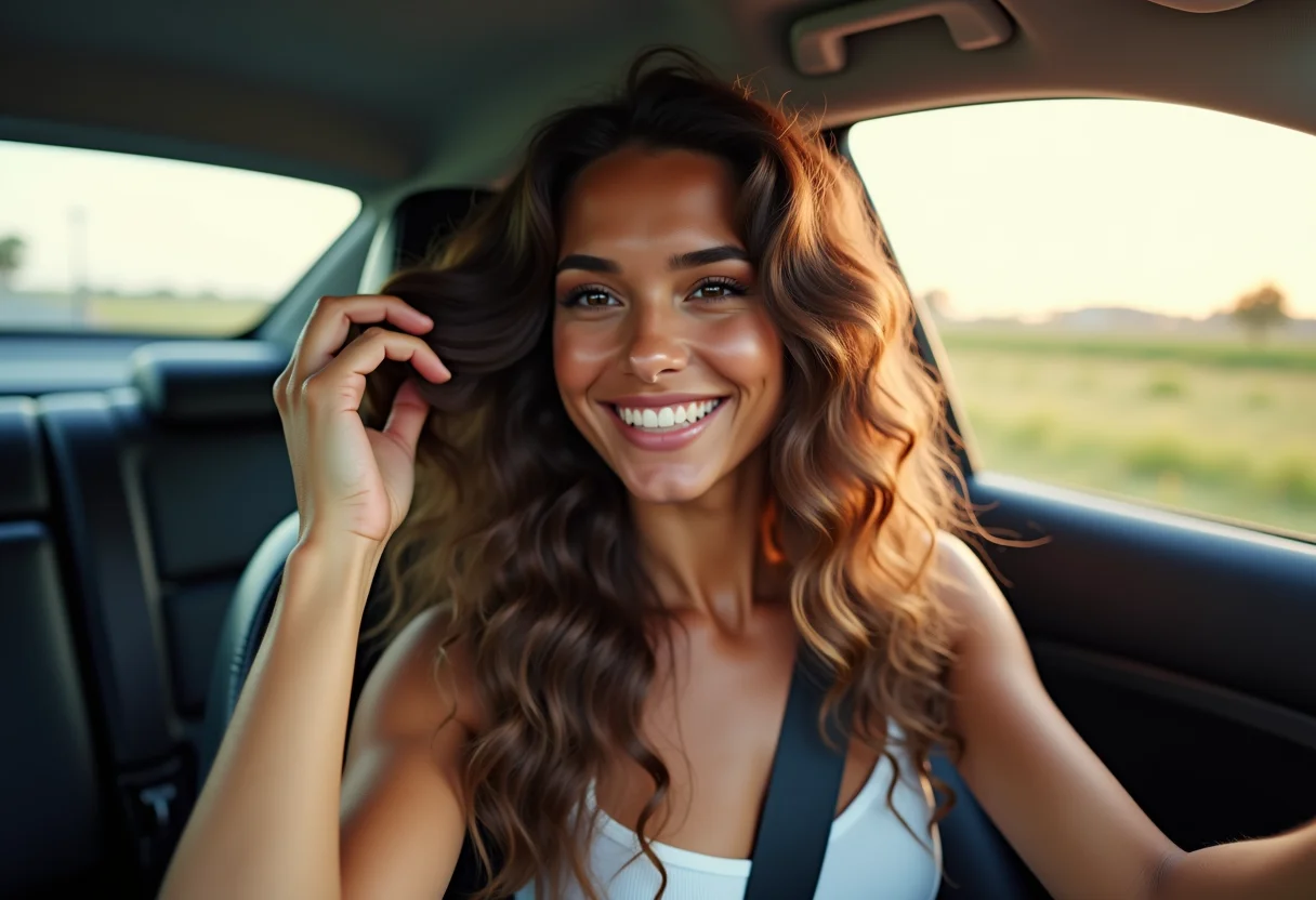 Mulher sorrindo no carro verificando o cabelo
