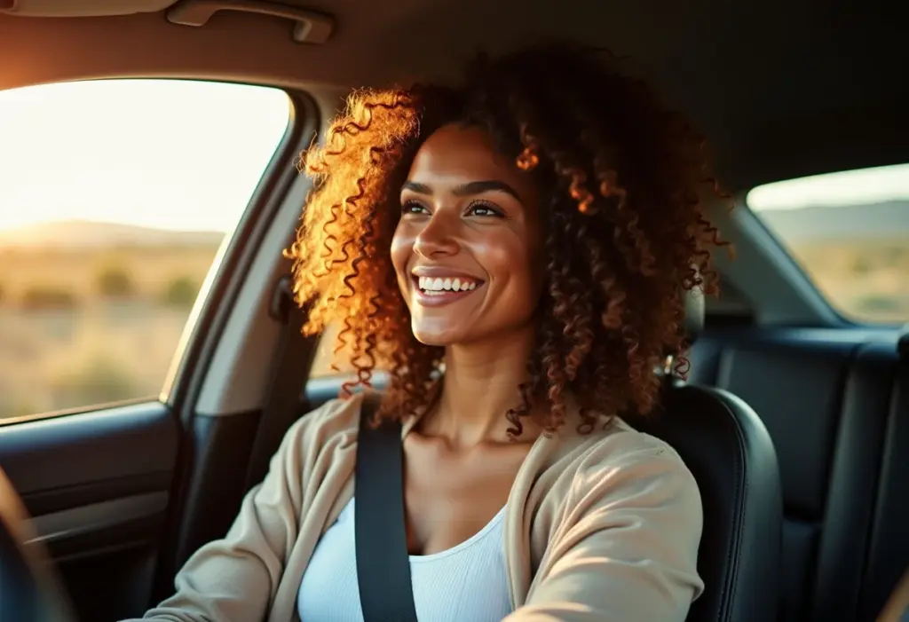Mulher sorrindo no carro verificando seus cachos.