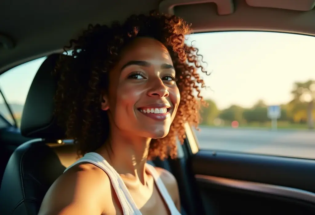 Mulher sorrindo no carro, verificando seus cachos 3B no espelho retrovisor.