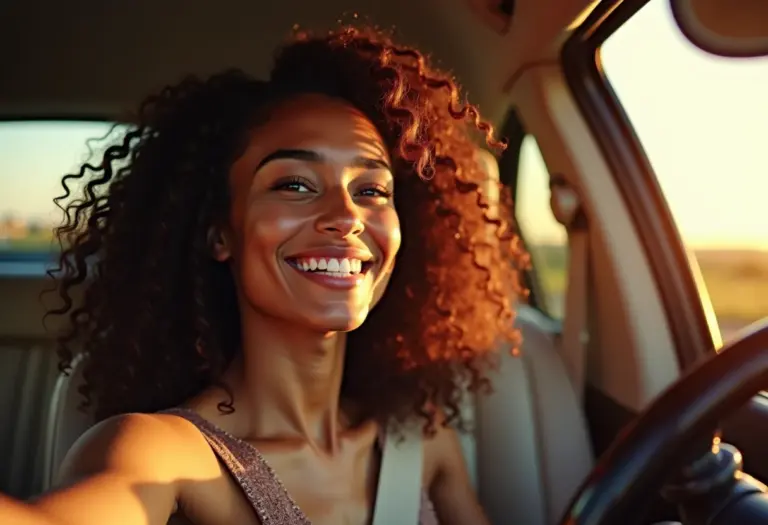 Mulher sorrindo no carro, verificando seus cachos saudáveis no espelho retrovisor.