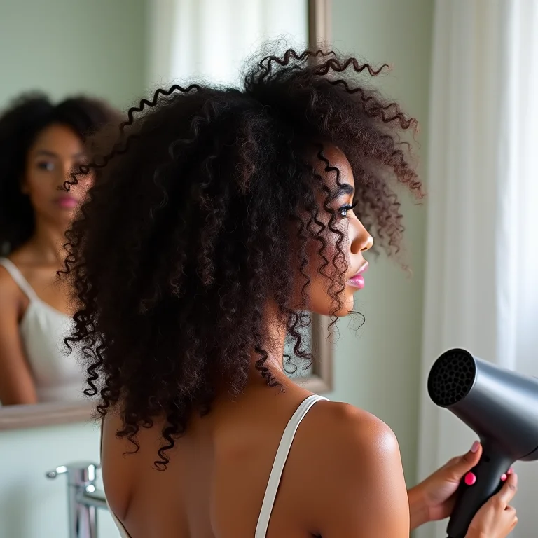 Mulher usando secador com difusor no cabelo cacheado