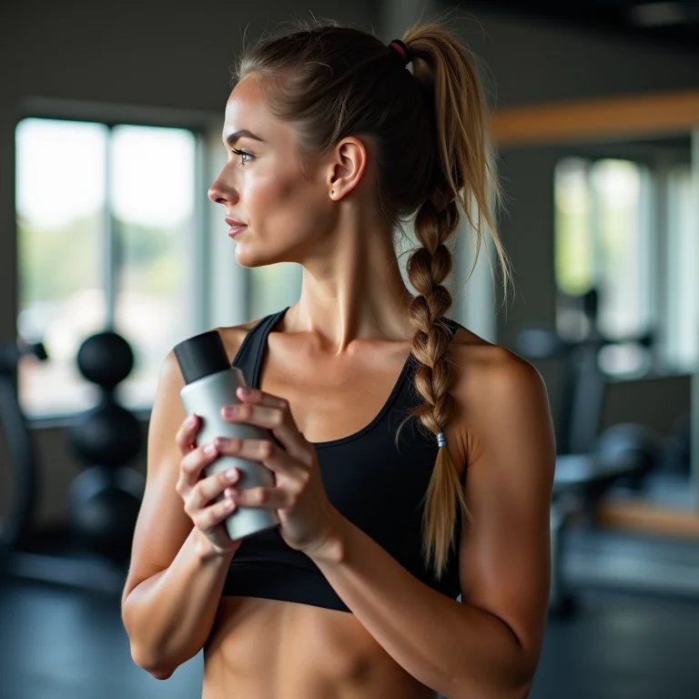 Mulher usando shampoo a seco após o treino na academia.