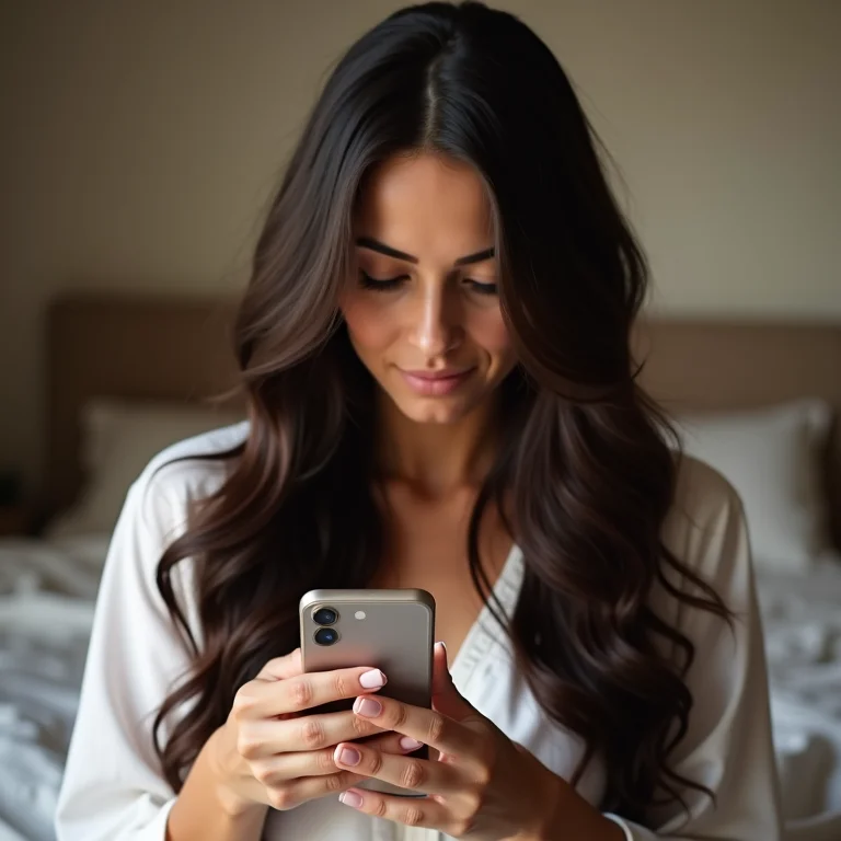 Mulher usando timer no celular para tratamento capilar com azeite de oliva