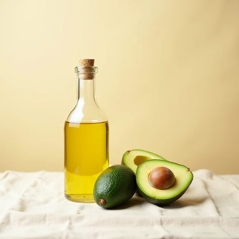 Óleo de abacate e abacates frescos em fundo neutro.