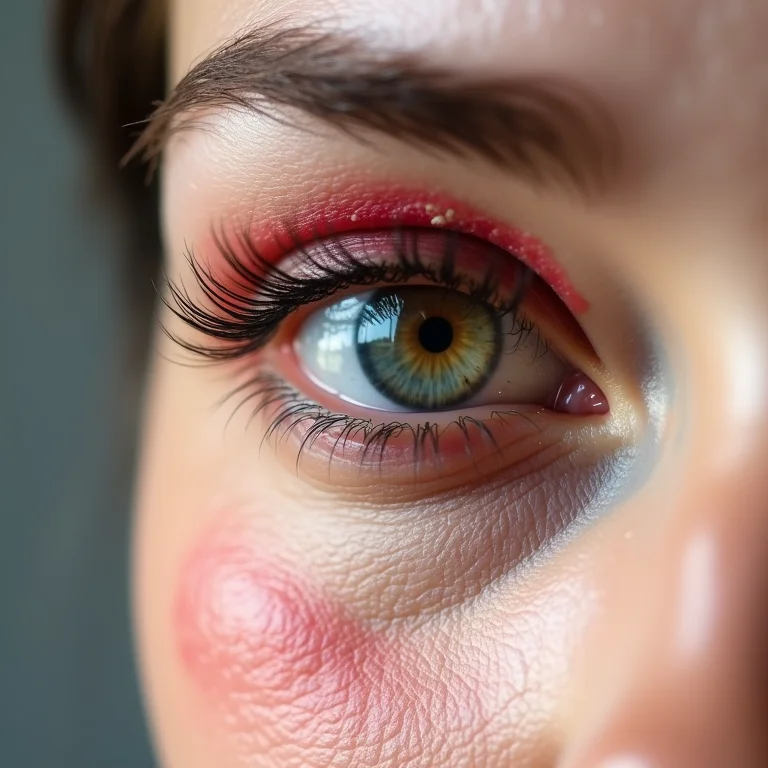 Olho irritado devido ao uso incorreto de óleo de rícino nos cílios