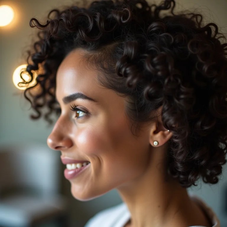Perfil de mulher cacheada usando bigudins de plástico