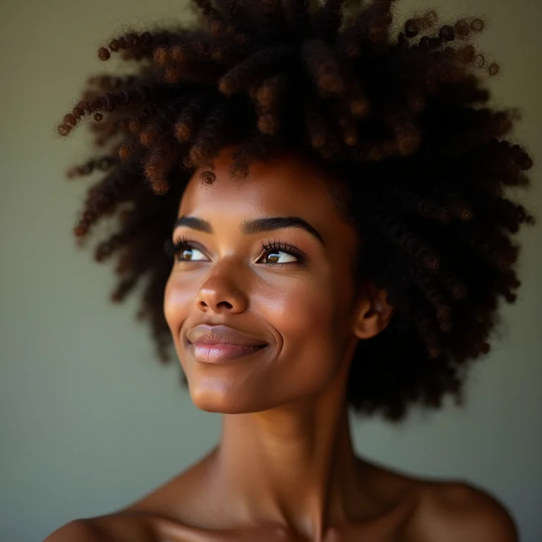Perfil de mulher com cabelo afro brilhante após hidratação vegana