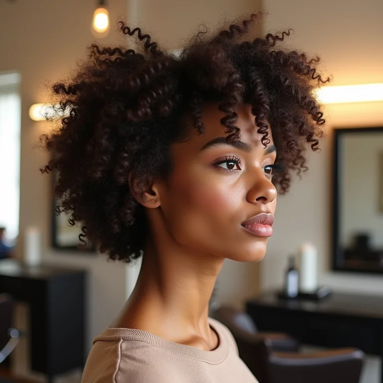 Perfil de mulher com cabelo cacheado recém-cortado