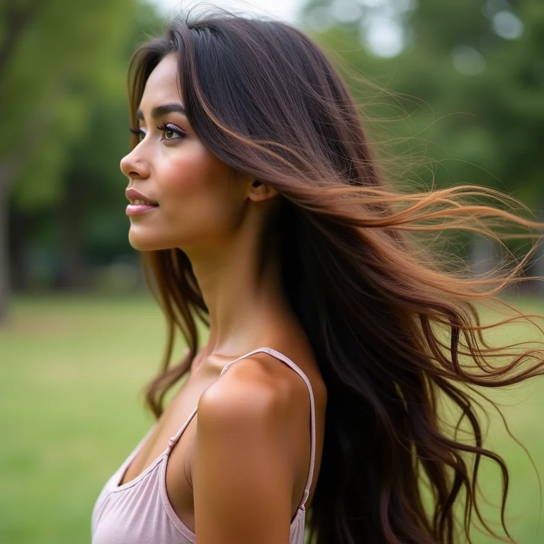 Perfil de mulher com cabelos ondulados e lowlights ao vento