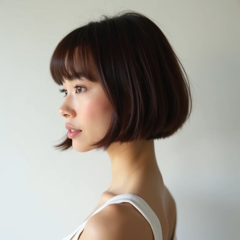 Perfil de mulher com chanel de bico e franja desfiada