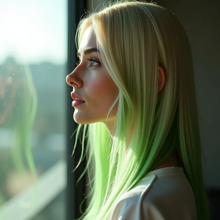 Perfil de mulher loira com pontas verdes olhando pela janela.