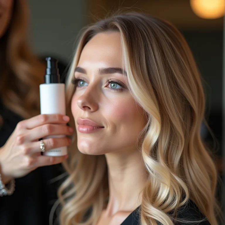 Perfil de mulher loira recebendo tratamento de hidratação capilar no salão.