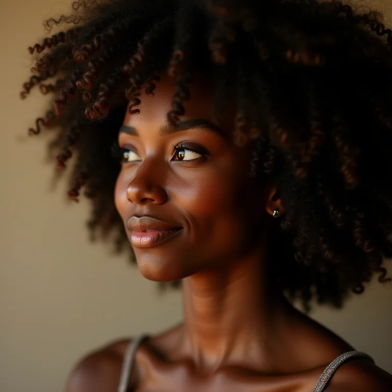 Perfil de mulher negra com cabelo cacheado tipo 3C.
