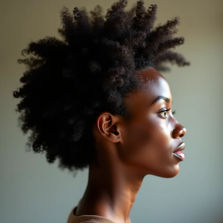 Perfil de mulher negra com cabelo crespo 4C desfiado.