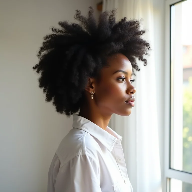 Perfil de mulher negra com cabelo crespo 4C saudável.