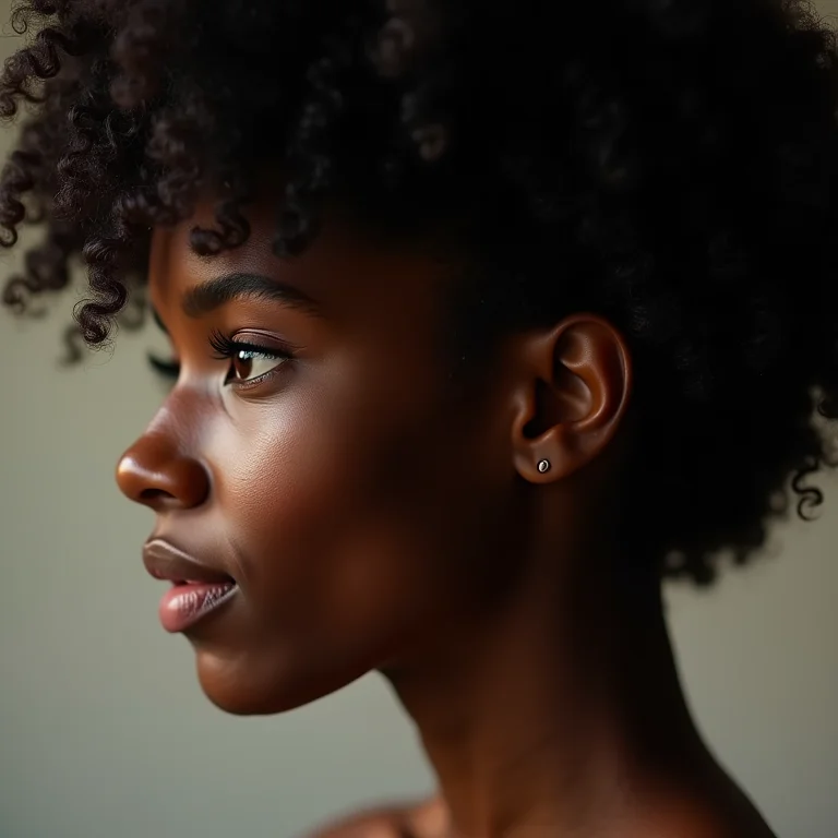 Perfil de mulher negra com cabelo crespo tipo 4C exibindo definição.