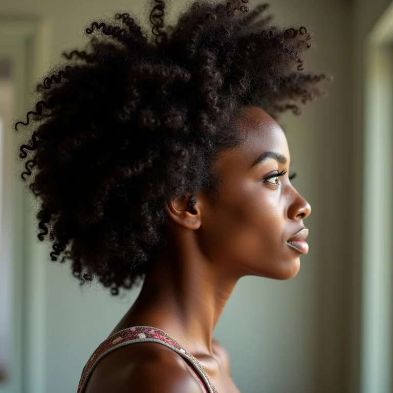 Perfil de mulher negra com cabelo crespo.