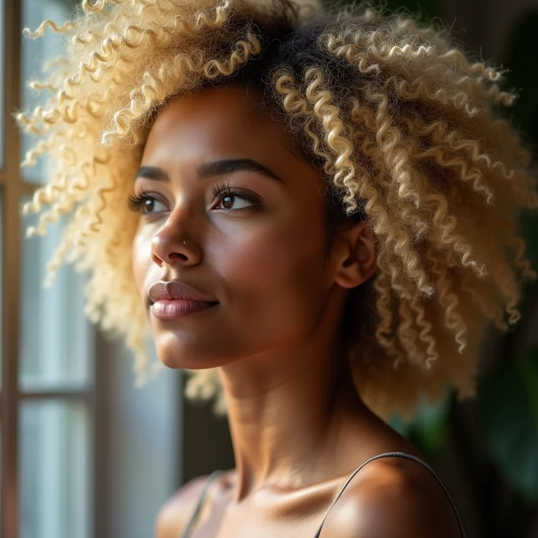 Perfil de mulher negra com cabelo loiro cacheado.