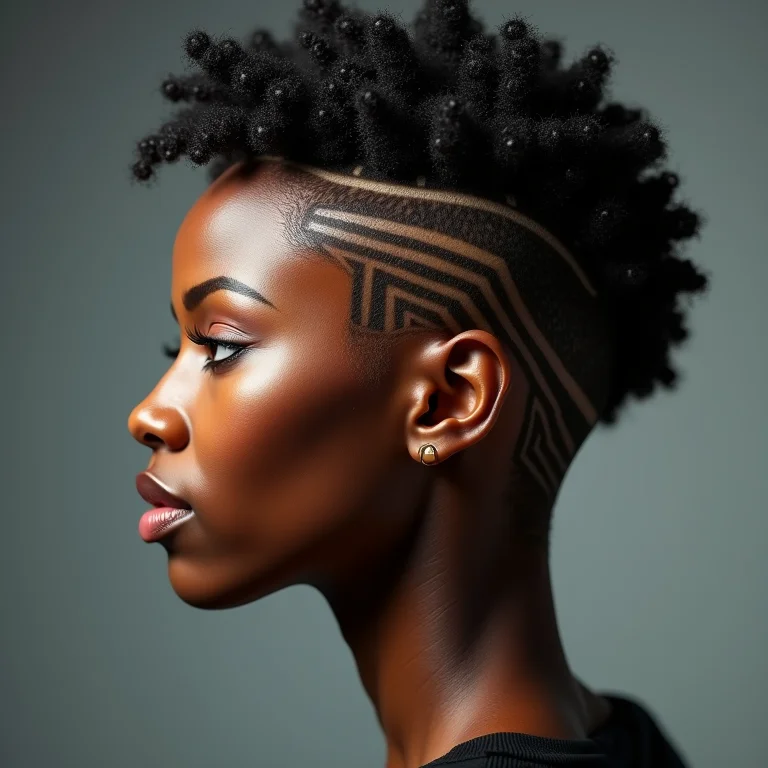 Perfil de mulher negra com sidecut e desenho geométrico