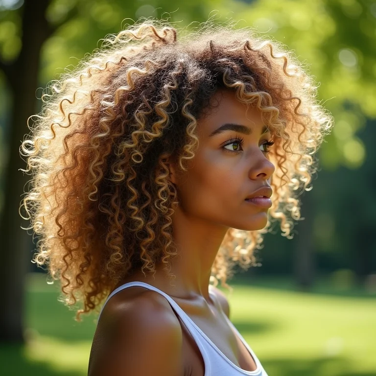 Perfil de uma mulher com cabelo cacheado louro escuro em um dia ensolarado.