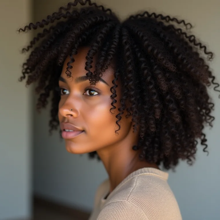 Perfil de uma mulher com cabelo cacheado mostrando pontas secas.