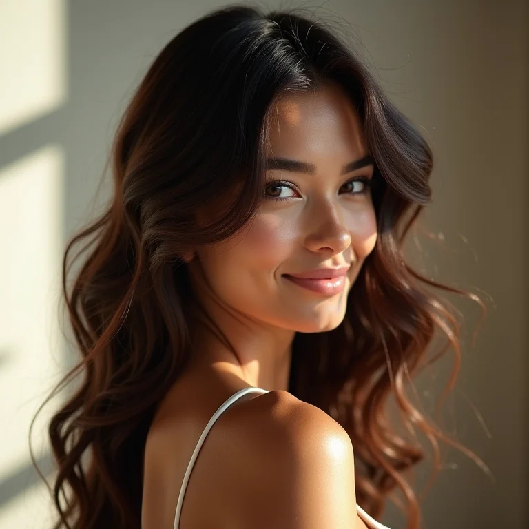 Perfil de uma mulher morena com cabelo ondulado, mostrando o contorno capilar.