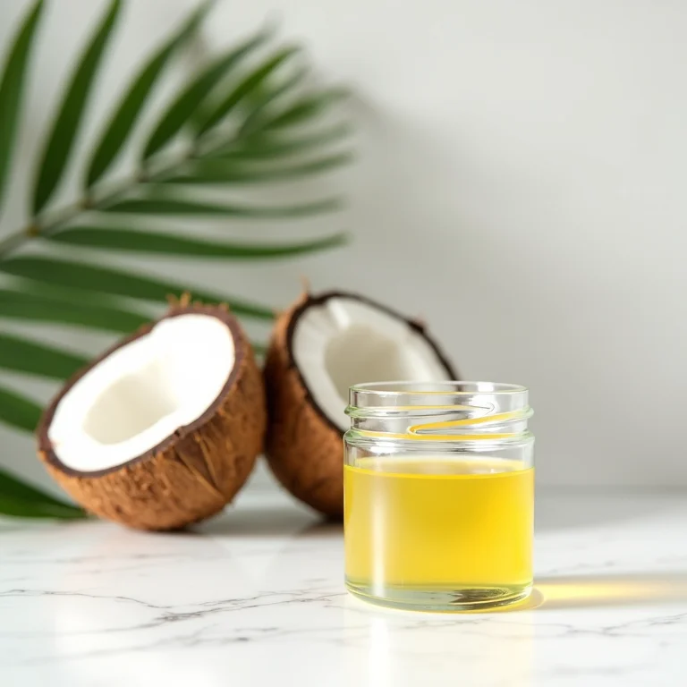 Pote de óleo de coco com cocos frescos e folhas verdes