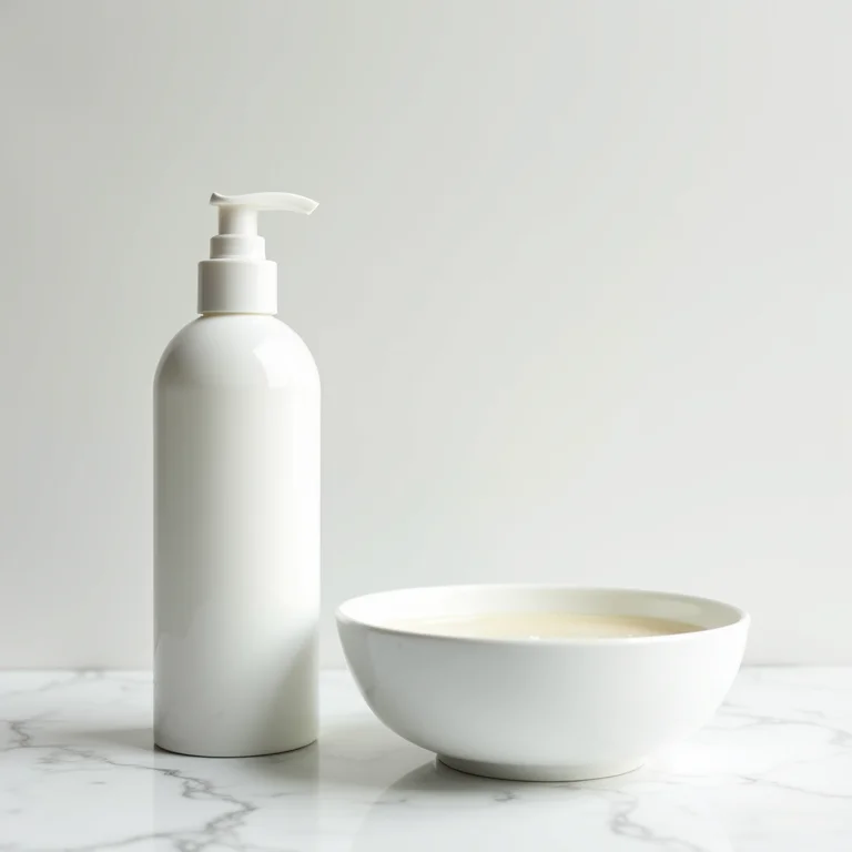 Potes de creme de cabelo e soro fisiológico em fundo minimalista