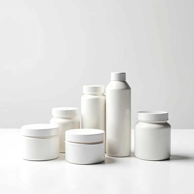 Potes de pó descolorante e frascos de água oxigenada para cabelo.