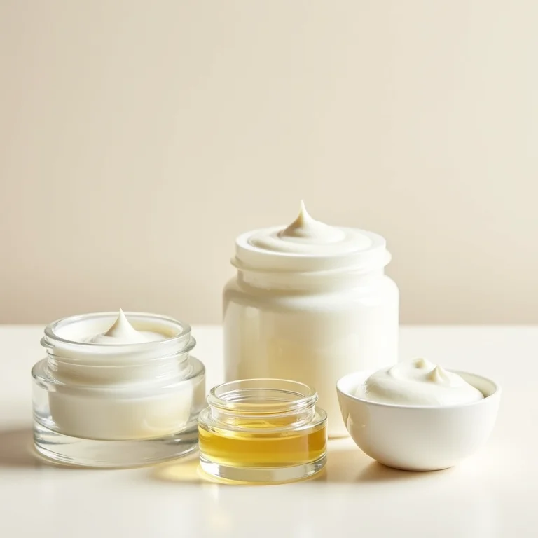 Potes de vidro minimalistas com produtos de tratamento capilar para reconstrução.